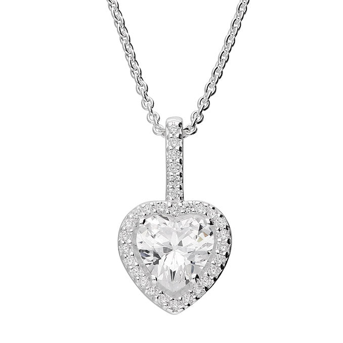 Sterling Silver Stem and Heart Halo Cubic Zirconia Necklace