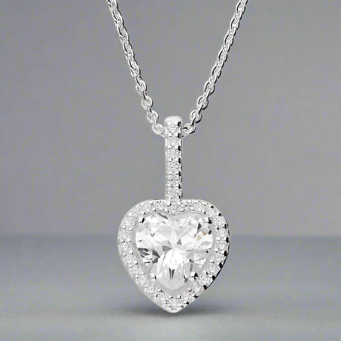 Sterling Silver Stem and Heart Halo Cubic Zirconia Necklace