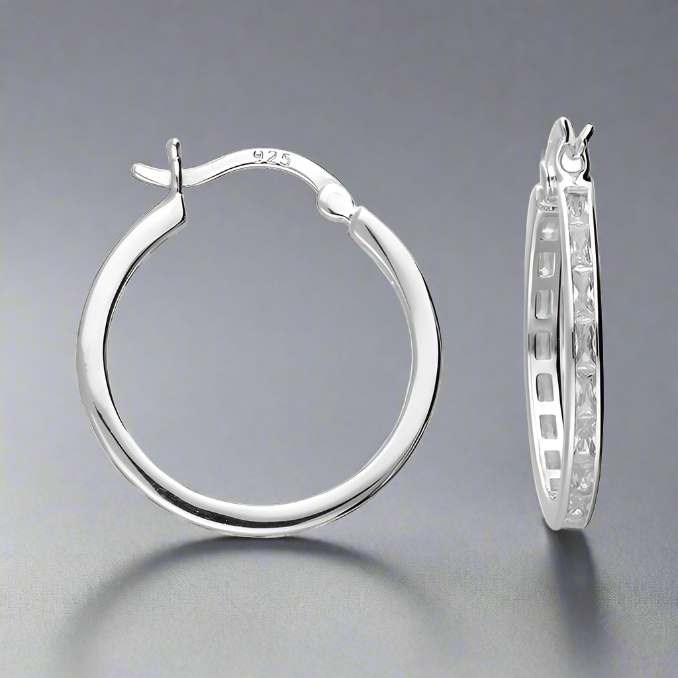 Sterling Silver Cubic Zirconia Baguette Hoop Earrings