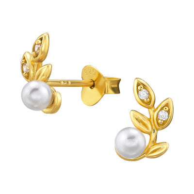 Sterling Silver Gold Plated Pearl Leaf Earrings - More Than Just a Gift | Narborough Hall