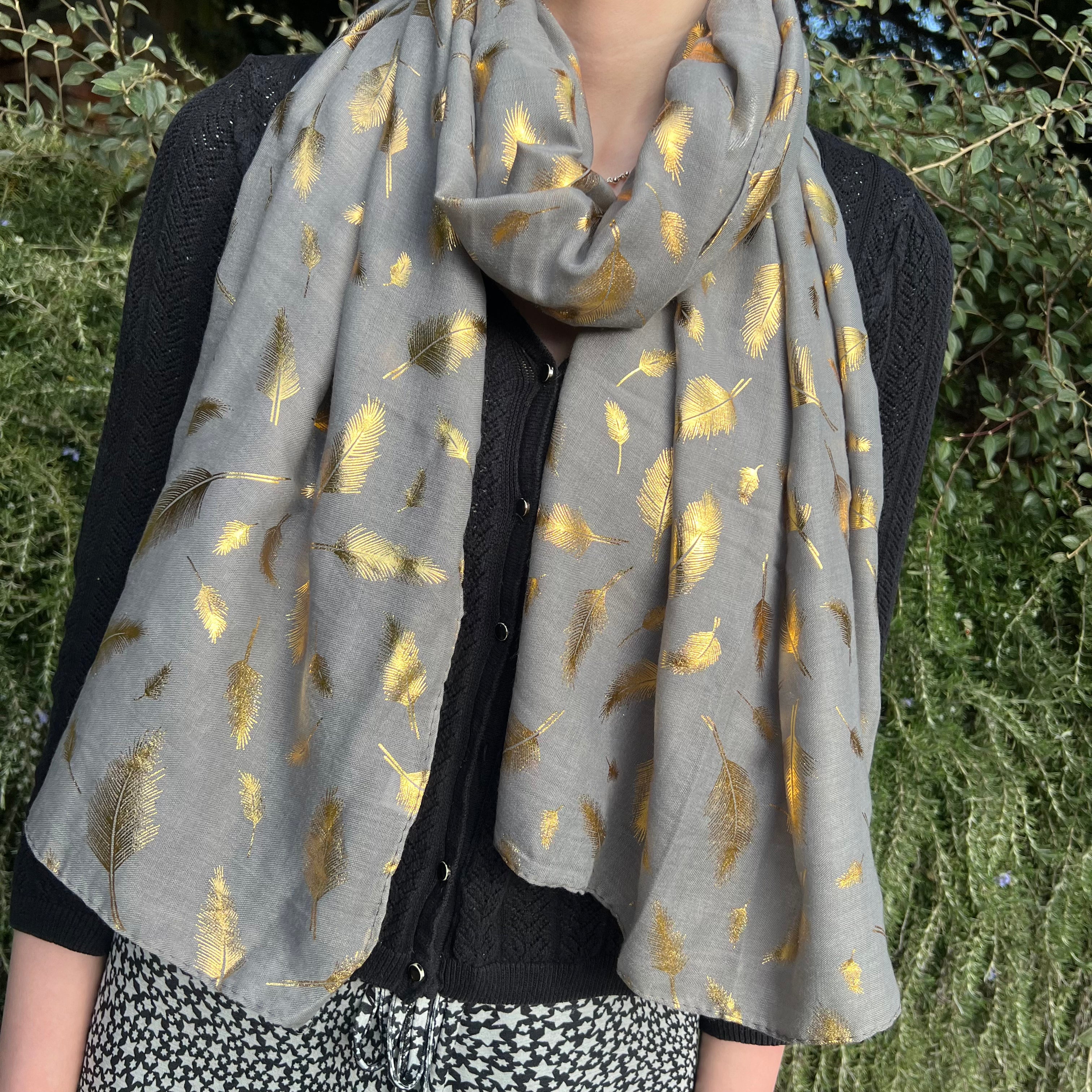 Grey Gold Foil Feathers Scarf