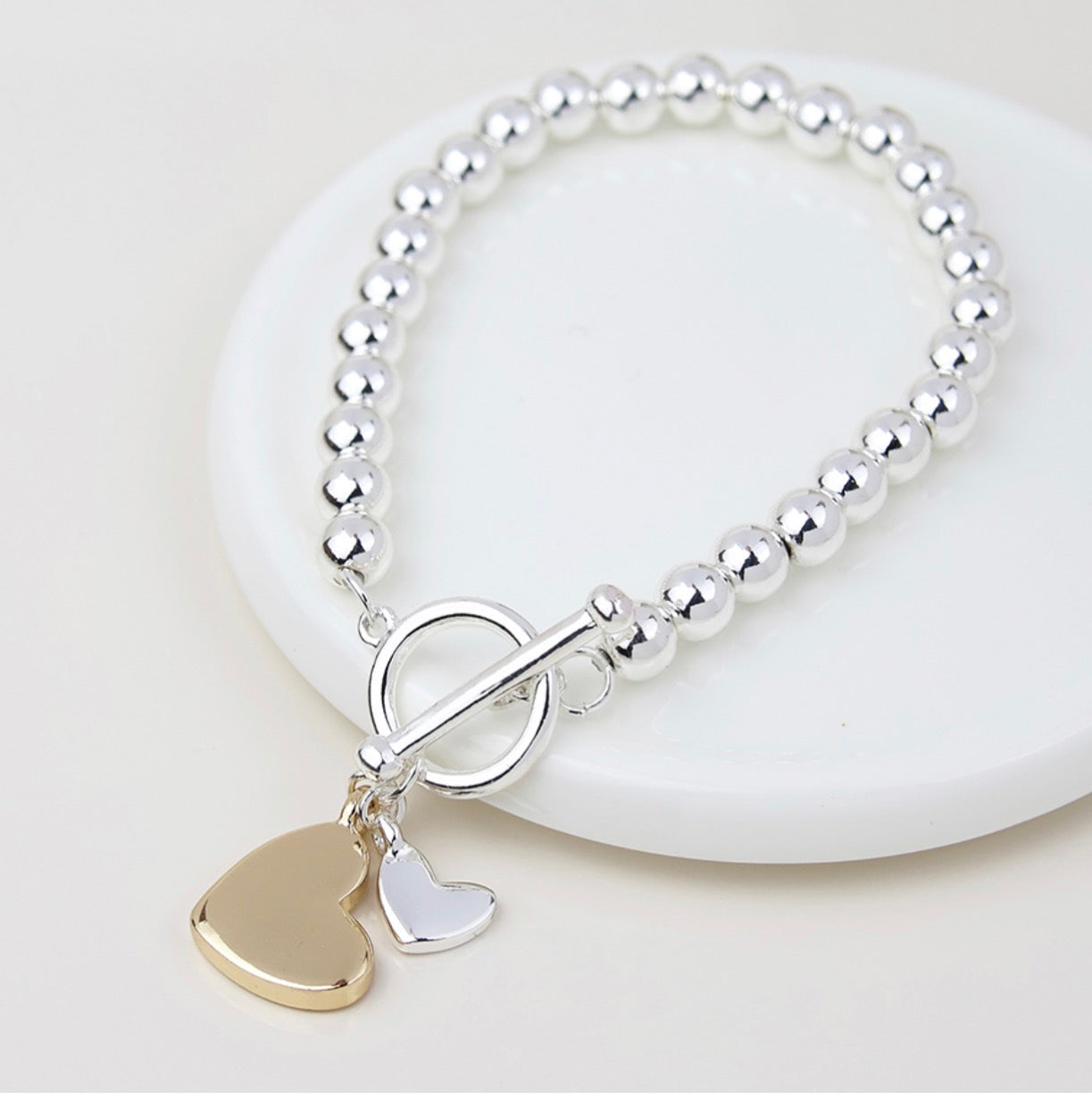 POM Silver Plated Beaded & Double Heart Charm Bracelet