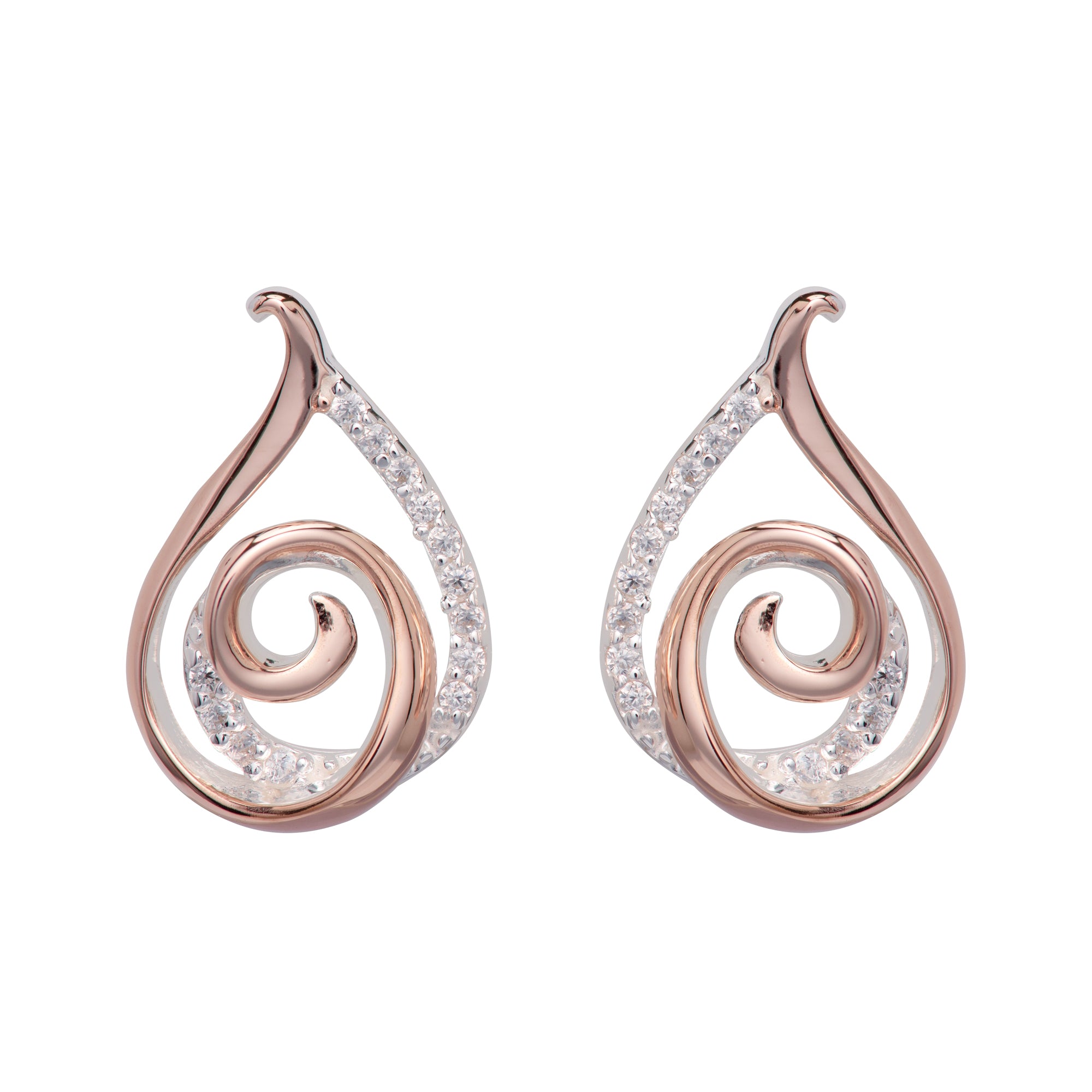 Unique & Co Silver, Rose Gold Plated and CZ Swirl Stud Earrings