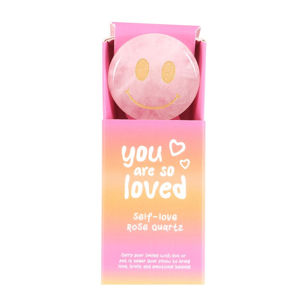 You Are Loved Rose Quartz Happy Face Crystal in box
