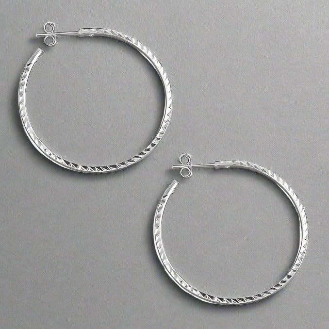 Sterling Silver 35mm Diamond Cut Hoop Stud Earrings