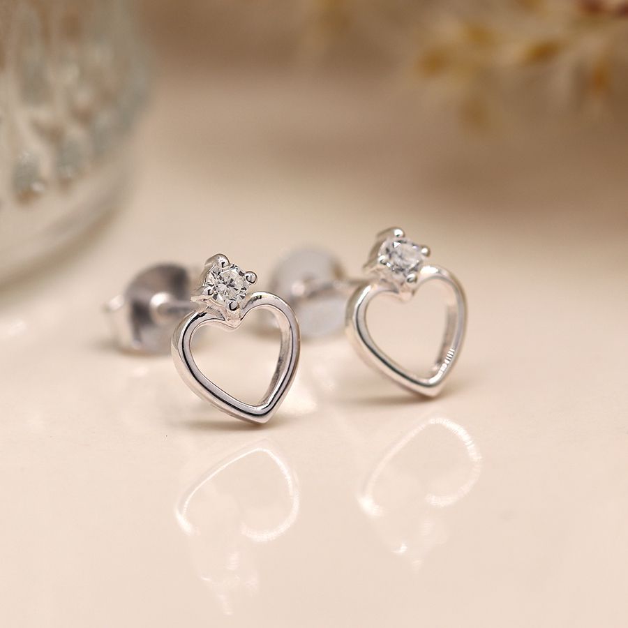 POM Sterling Silver Heart and Crystal Stud Earrings