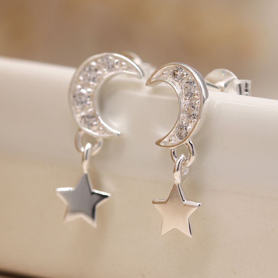 POM Sterling silver crystal moon and star drop earrings
