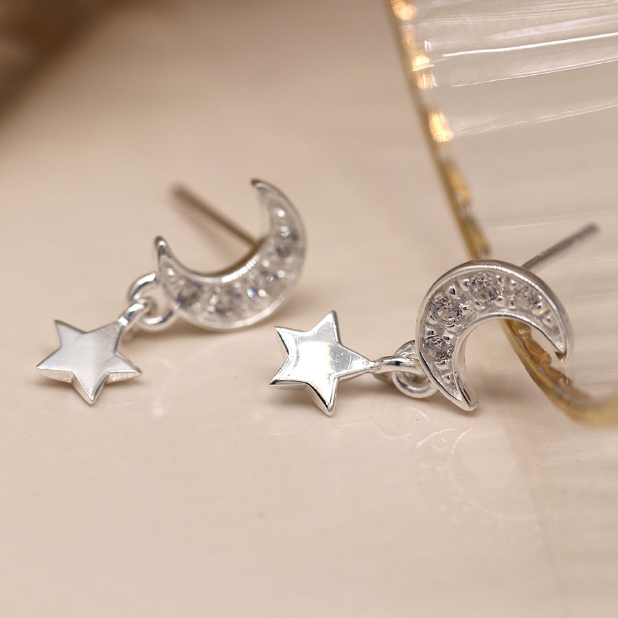POM Sterling silver crystal moon and star drop earrings