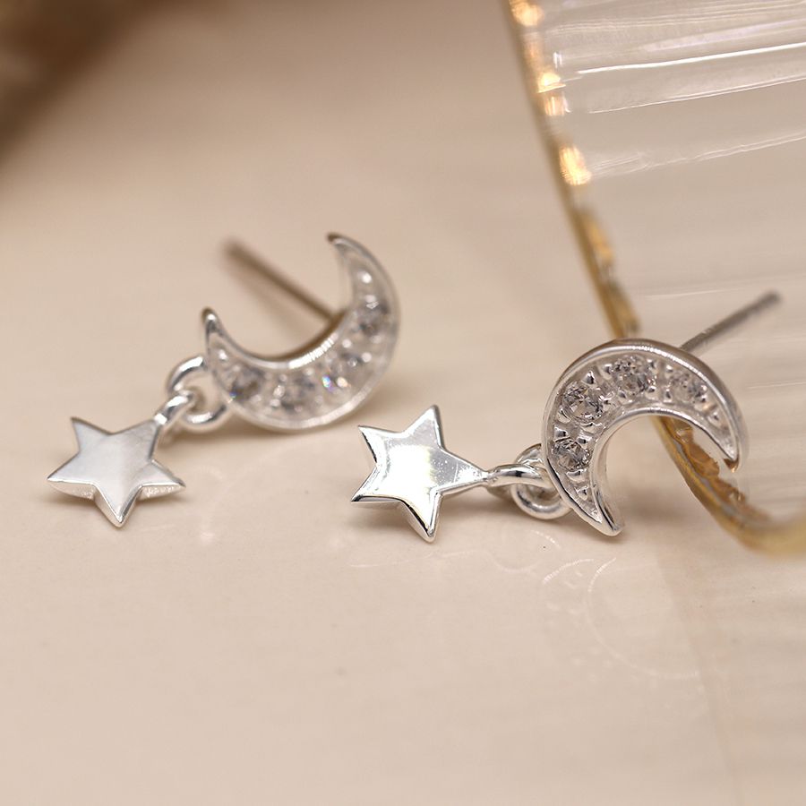 POM Sterling Silver Crystal Moon and Star Drop Earrings