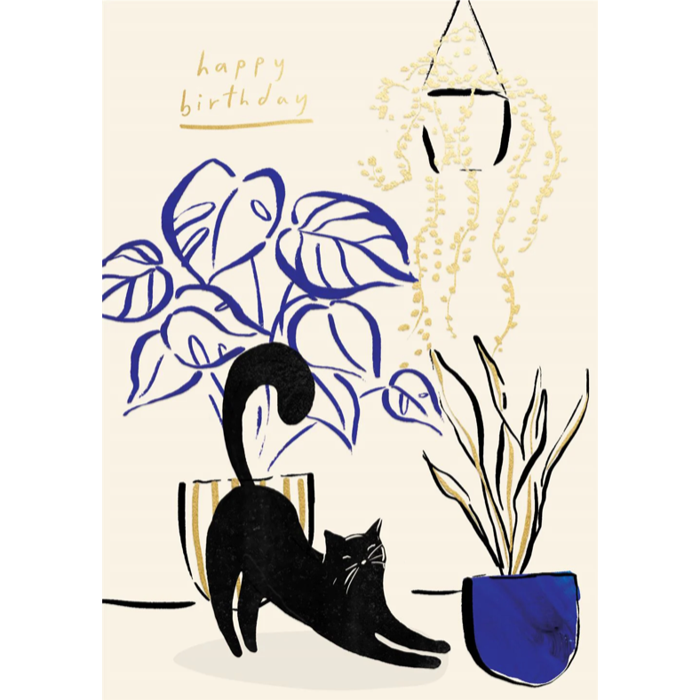 Moonlight Cat and Plants Happy Birthday Card