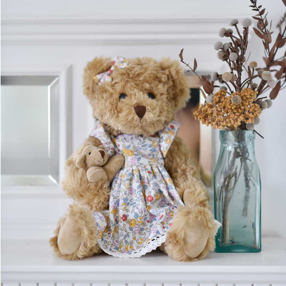 Powell Craft teddy bear with floral dress and baby bear