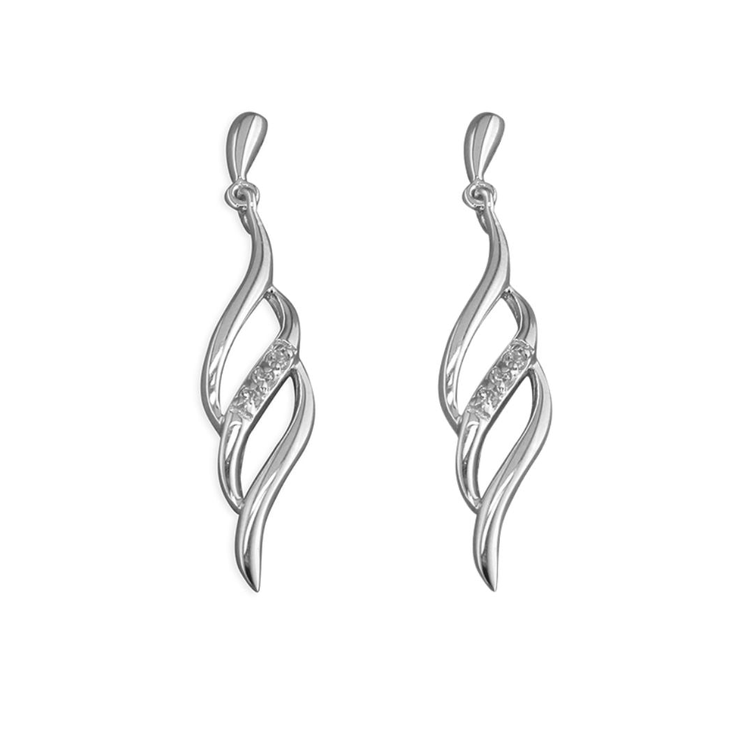 Sterling Silver Triple Wave with White Cubic Zirconias Drop Earrings