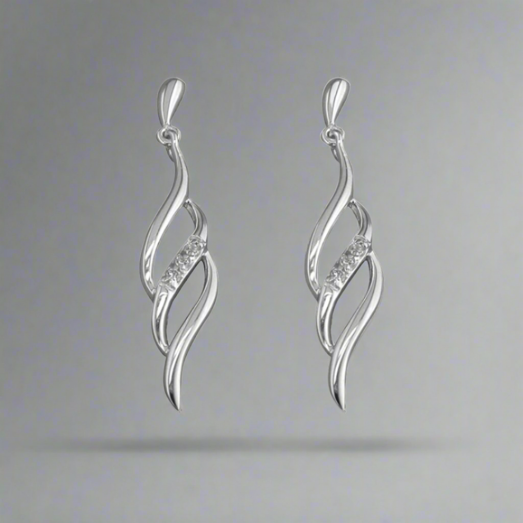 Sterling Silver Triple Wave with White Cubic Zirconias Drop Earrings