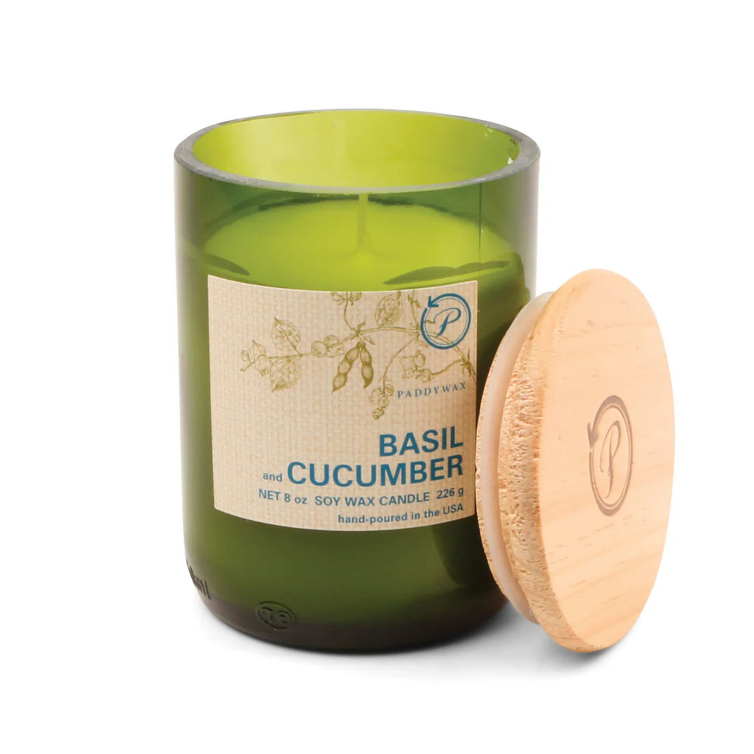 Green Recycled Glass Candle - Basil + Cucumber (226g)
