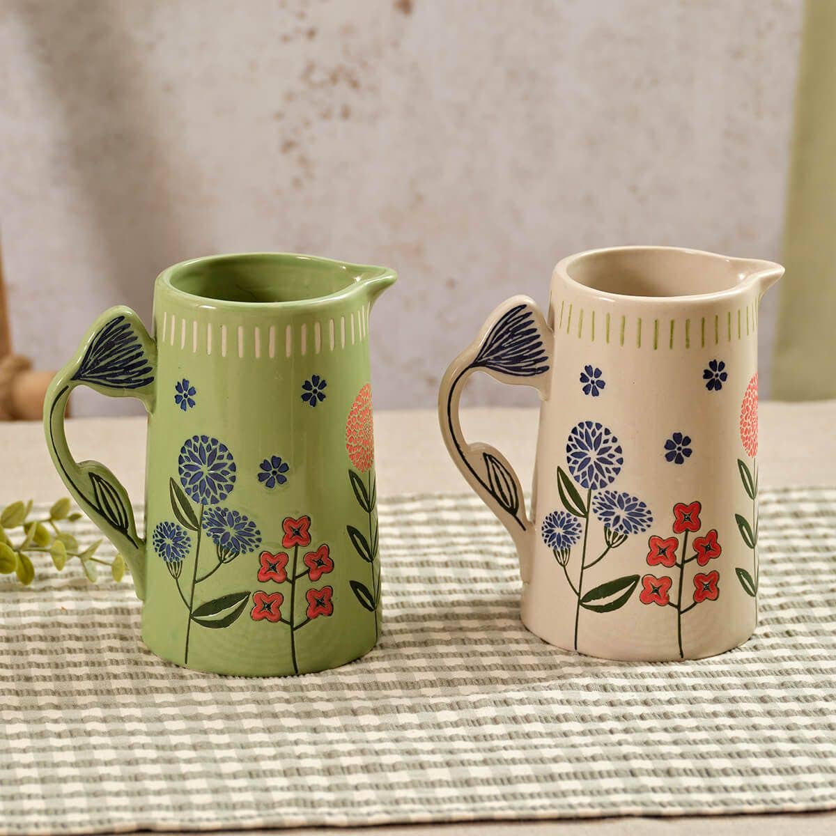 Flourish And Foliage Decorative Stoneware Embossed Jug With Flower Handle 2 Asstd