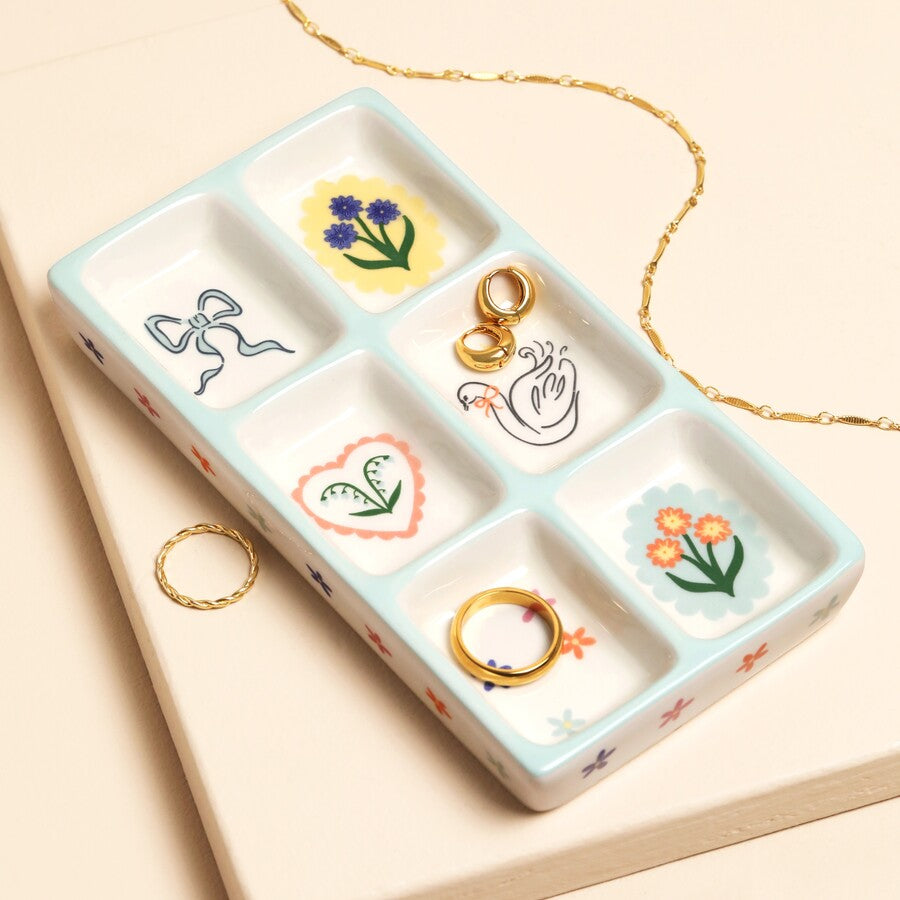 Blue Bow and Floral Ceramic Trinket Tray