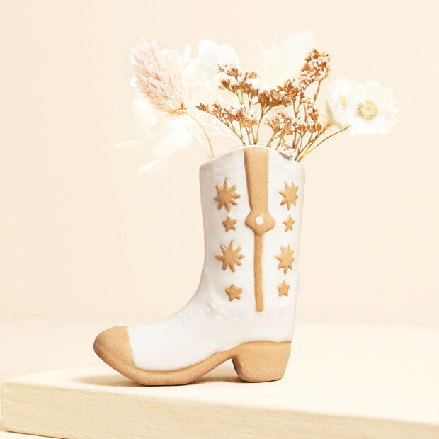 Cream Ceramic Cowboy Boot Bud Vase