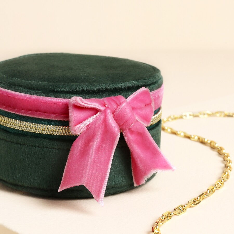 Lisa Angel Green & Pink Bow Round Jewellery Box