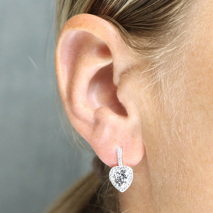 Sterling Silver Stem and Heart Halo Cubic Zirconia Stud