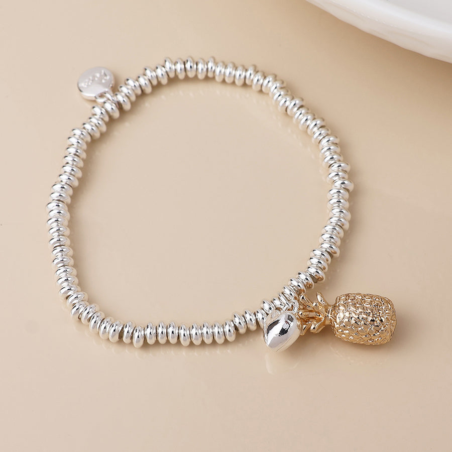 POM Silver Plated Beaded Bracelet with Pineapple & Heart Charms - More Than Just a Gift | Narborough Hall