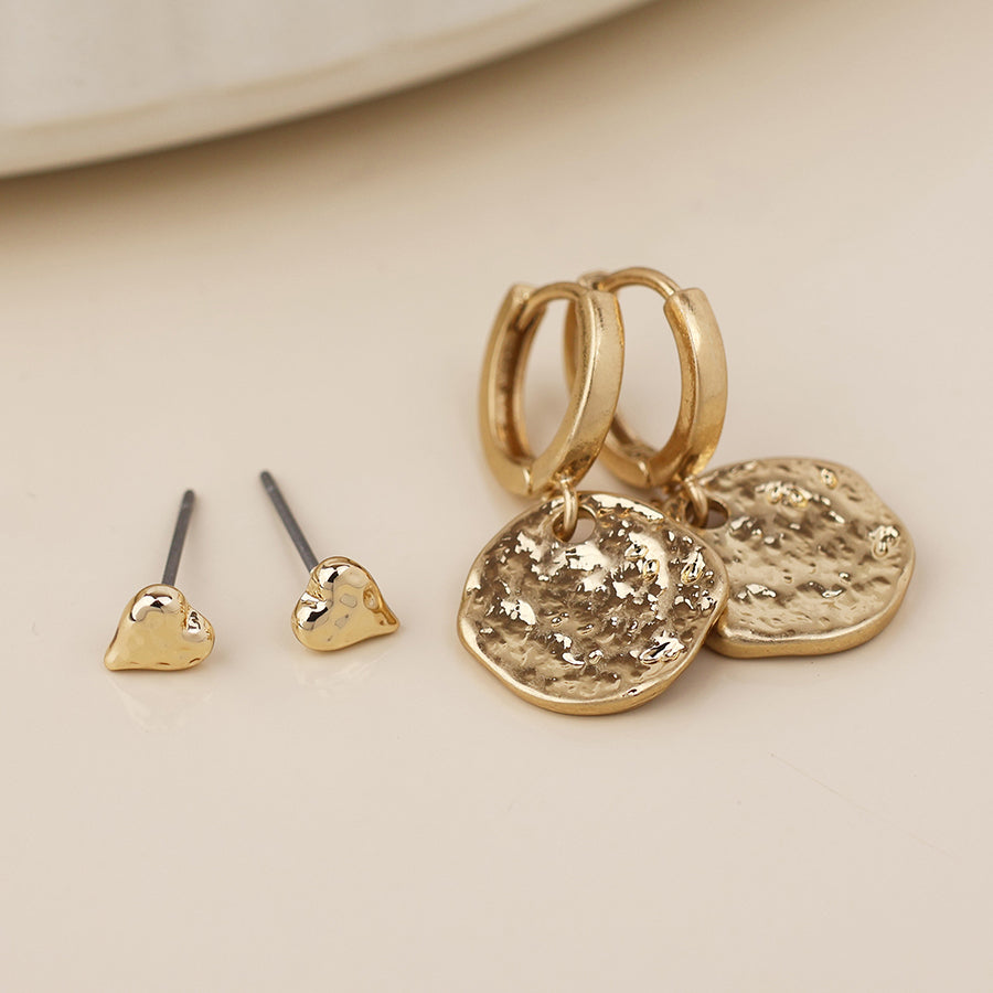 POM Solstice Gold-Tone textured disc drop hoop and heart stud earring set