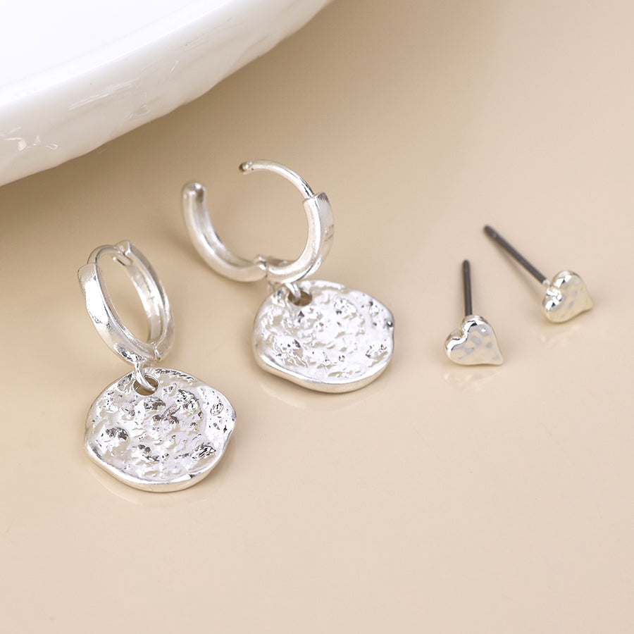 POM Solstice Silver textured disc drop hoop and heart stud earring set