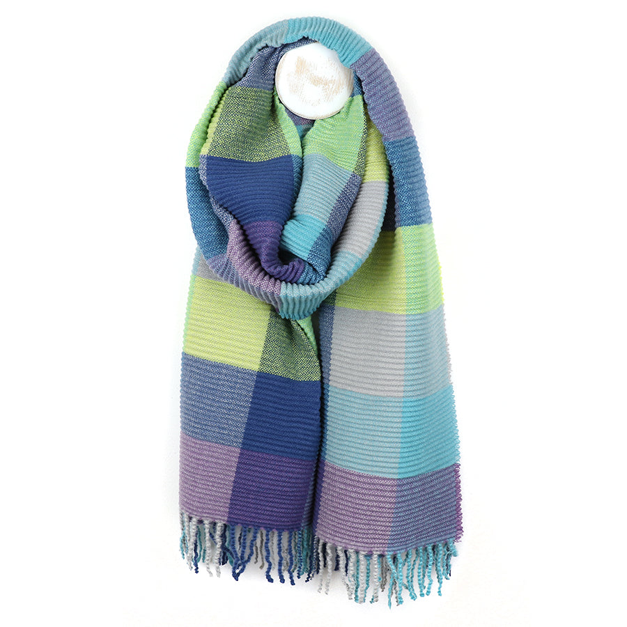 POM Blue & Lime Check Tassel Blanket Scarf