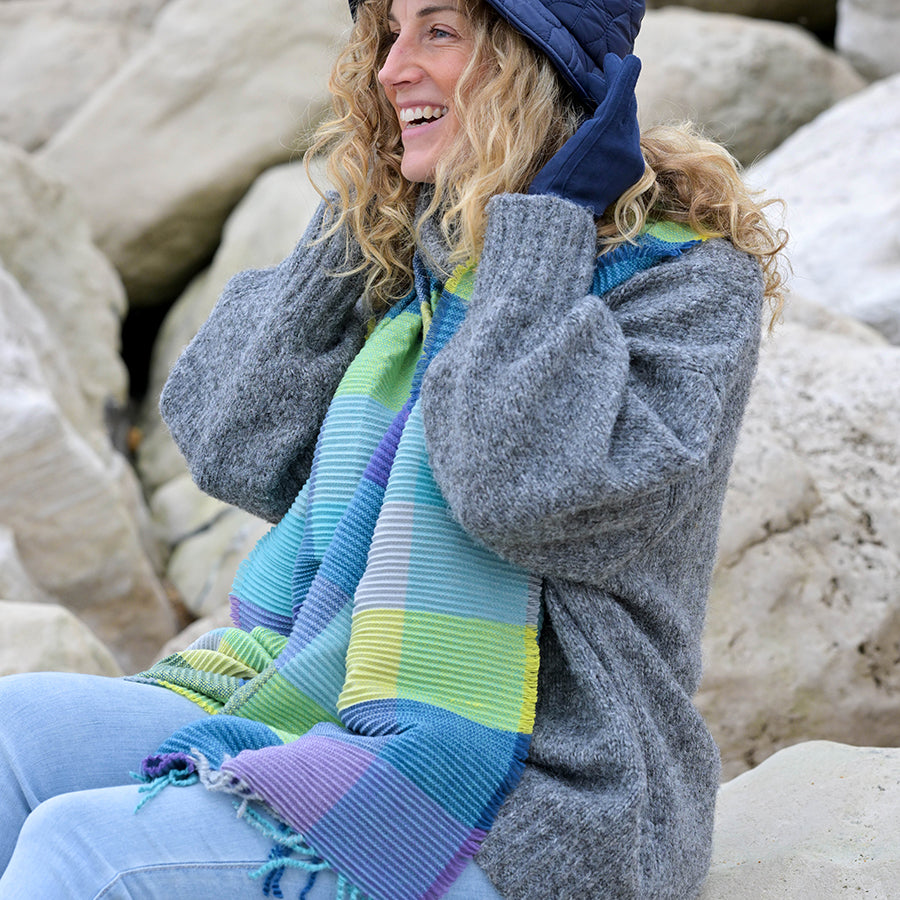 POM Blue & Lime Check Tassel Blanket Scarf