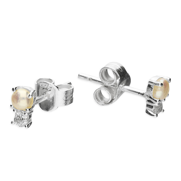 Sterling Silver Tiny Pearl & CZ Stud Earrings