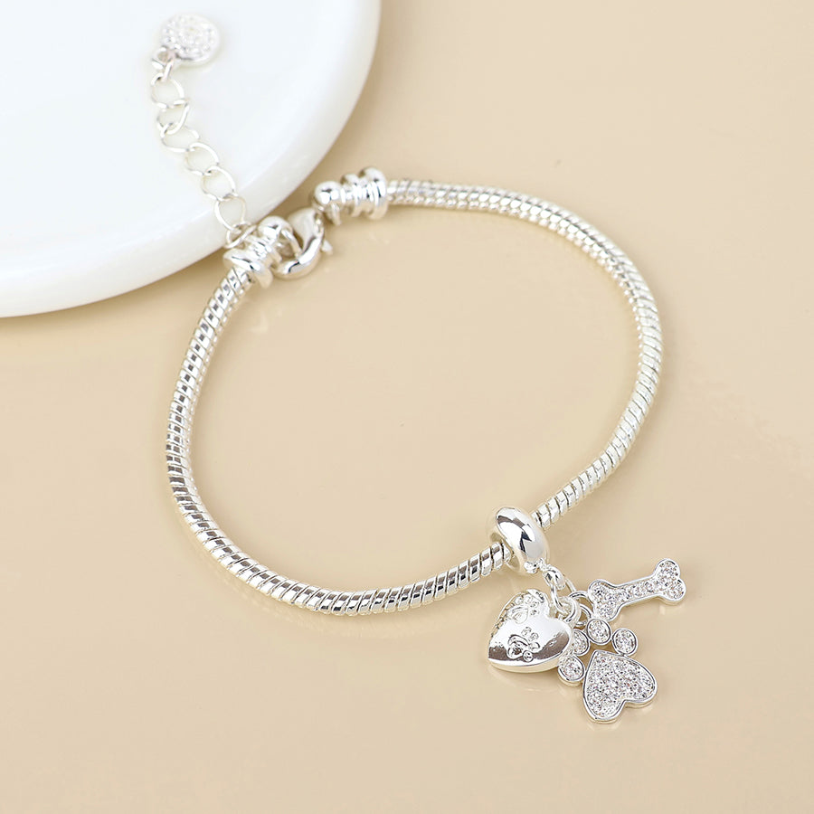 POM Silver Plated Crystal Paw, Bone & Heart Print Charm Bracelet - More Than Just a Gift | Narborough Hall