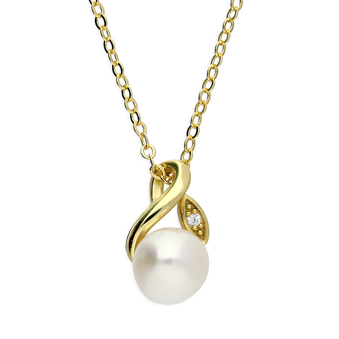 Sterling Silver Gold Plated Leaf Design Pearl Necklace