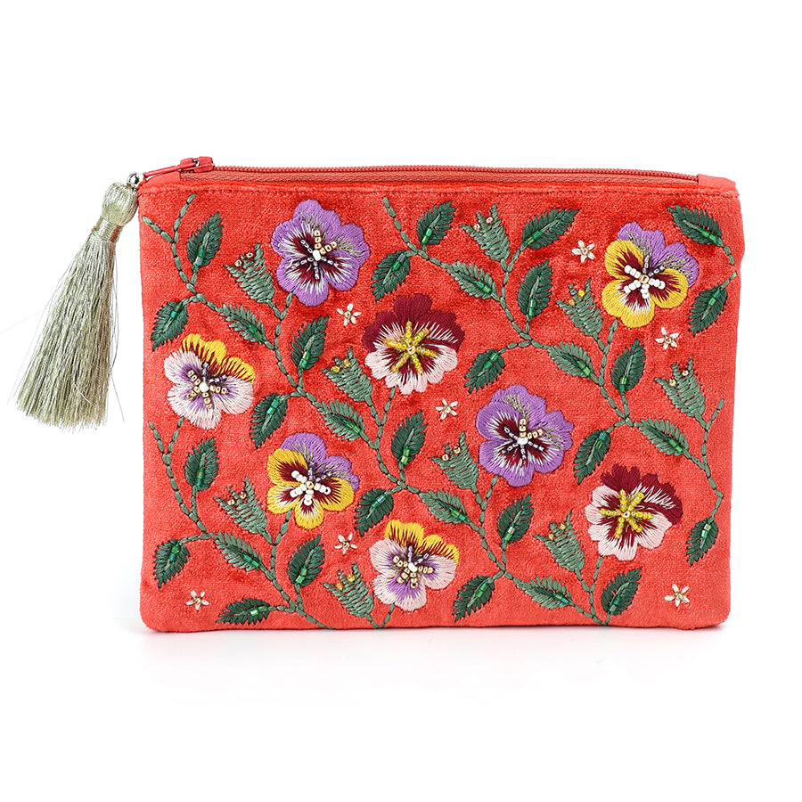 POM Coral Velvet Pansies Zip Purse - More Than Just a Gift | Narborough Hall
