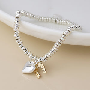 POM Silver Plated Bead, Heart & Golden Horse Shoe Charm Bracelet - More Than Just a Gift | Narborough Hall