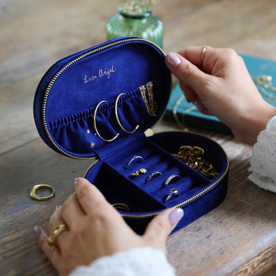 Lisa Angel Starry Night Navy Velvet Oval Jewellery Case