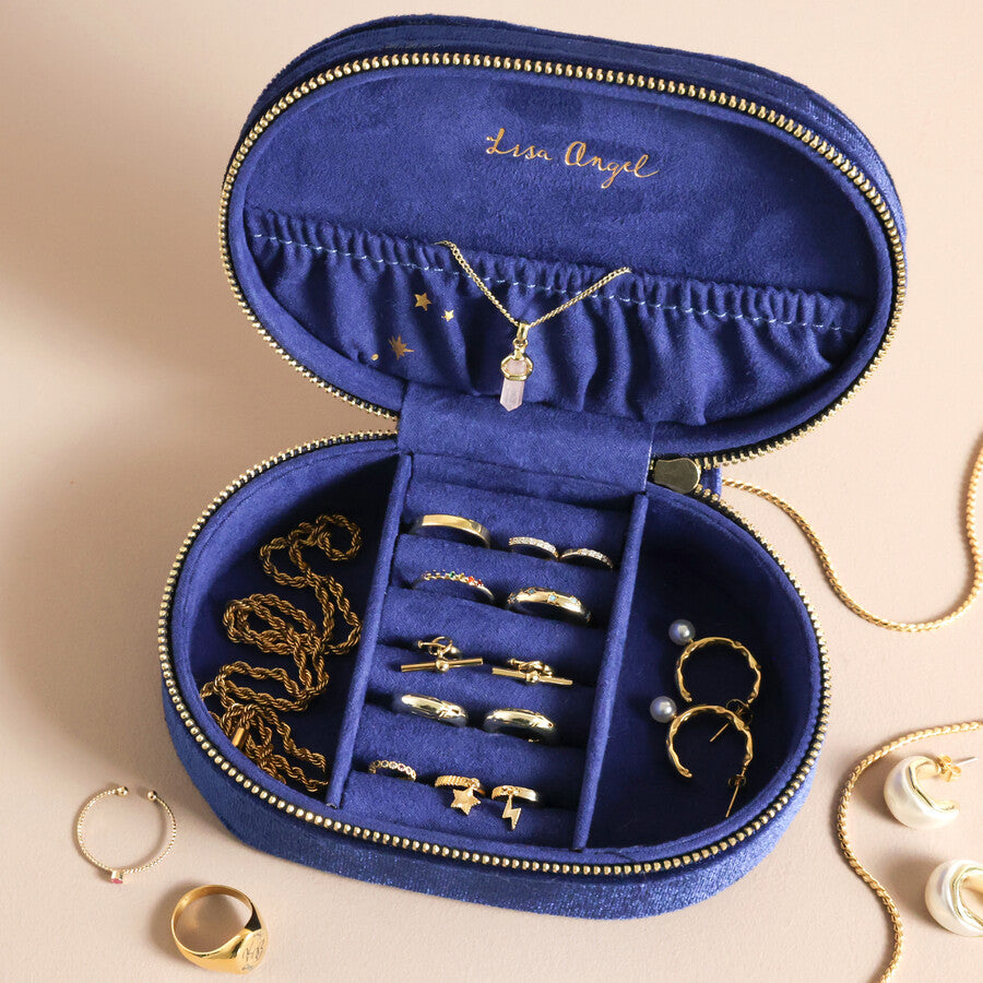 Lisa Angel Starry Night Navy Velvet Oval Jewellery Case