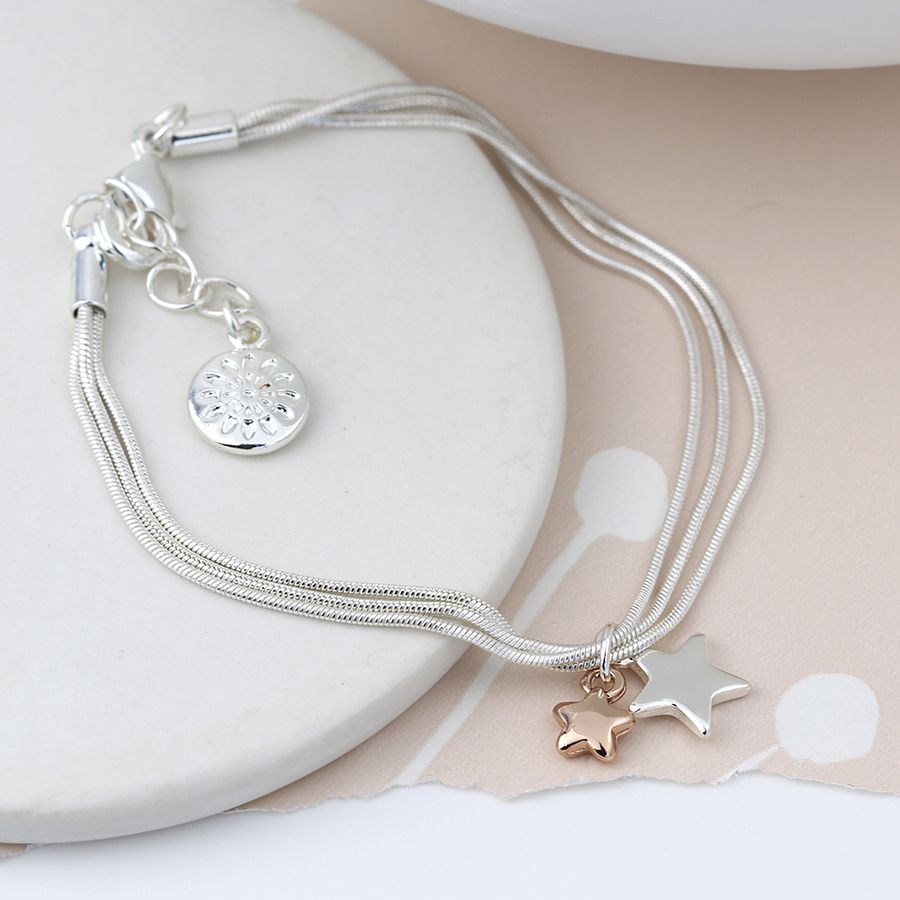 POM Triple Chain Bracelet with Rose Gold & Silver Stars