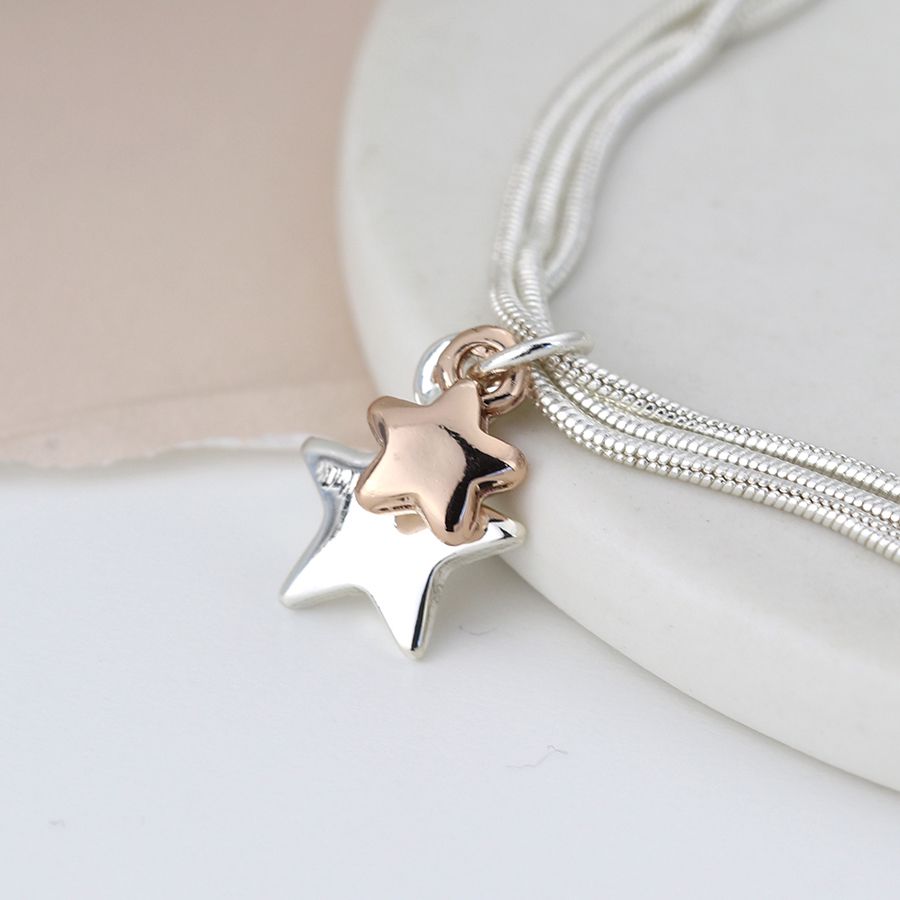 POM Triple Chain Bracelet with Rose Gold & Silver Stars