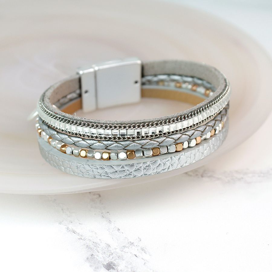 POM Matt Silver/Grey/Light Gold Beaded Leather Bracelet