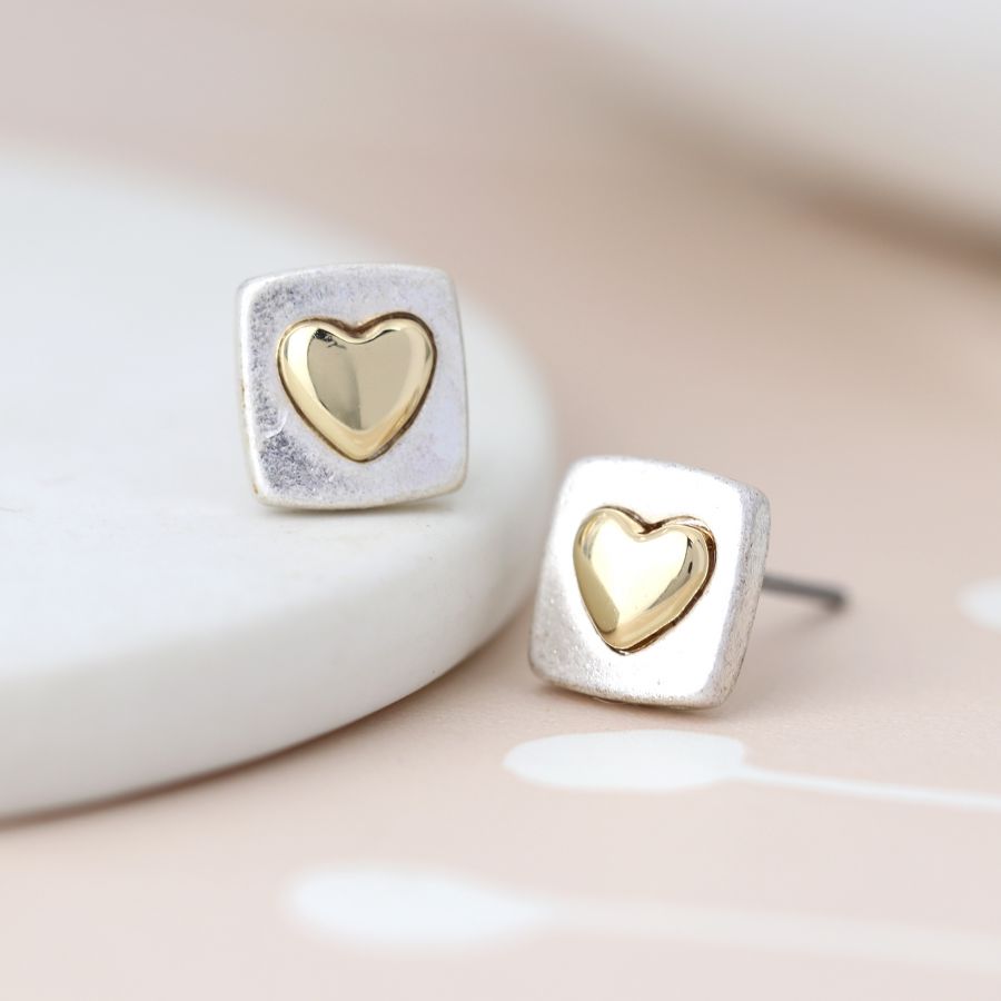 POM Silver Plated Square Earrings Gold Heart |More Than Just a Gift