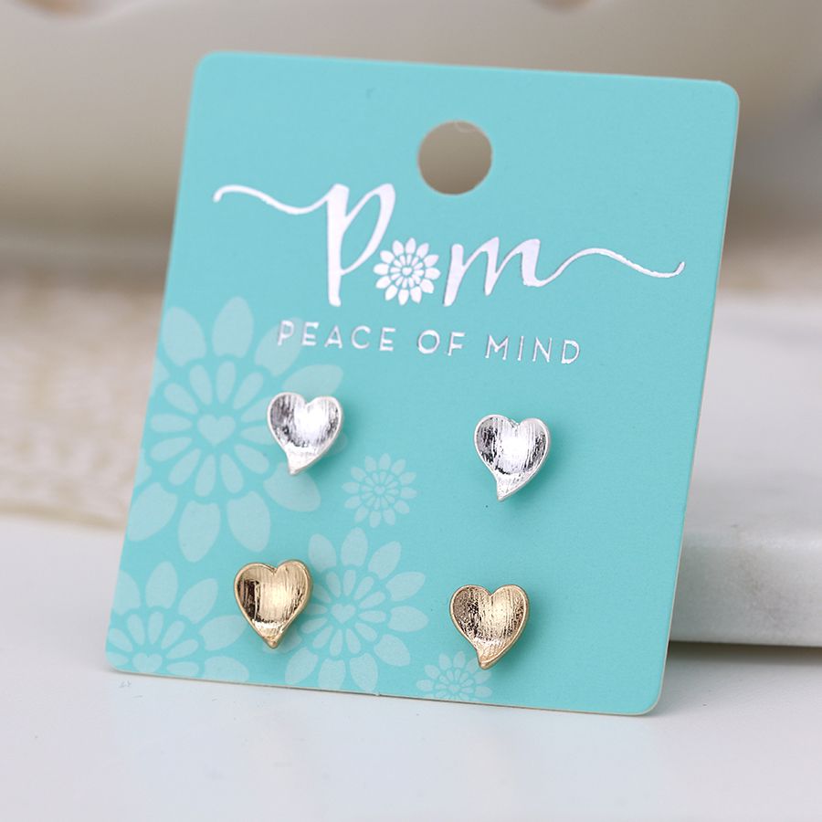 POM Silver and gold plated heart stud earring set