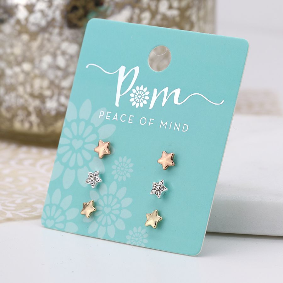 POM Triple Star Rose Gold, Silver And Crystal Earring Set