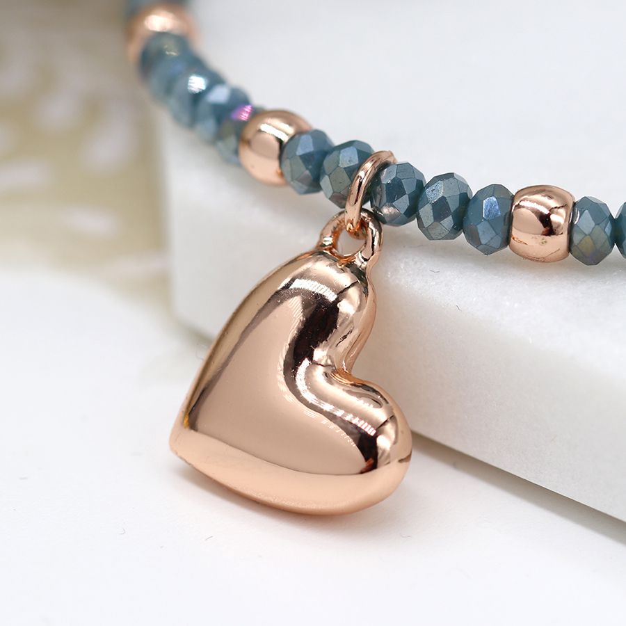 POM Rose Gold and Blue Bead Bracelet with Crystal Drop and Heart Charm