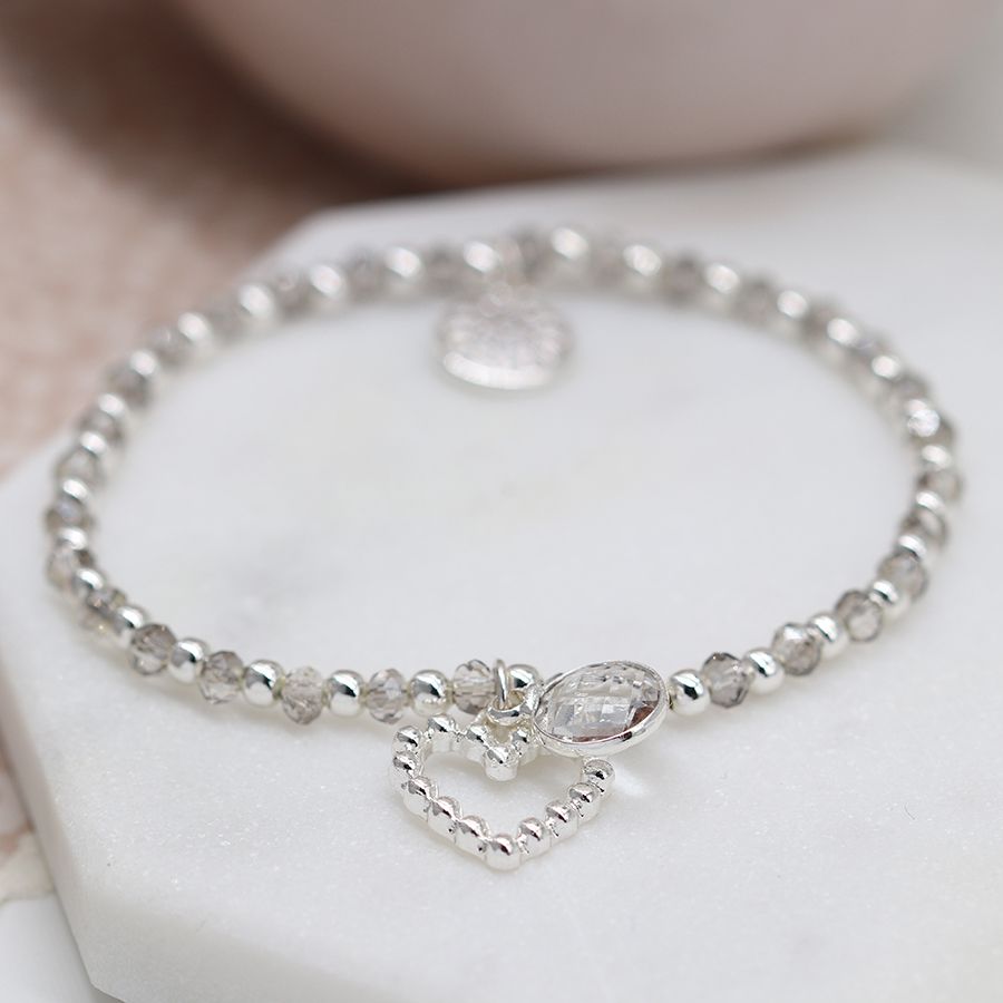 POM Silver and smoky bead bracelet with crystal drop and heart charm| More Than Just A Gift