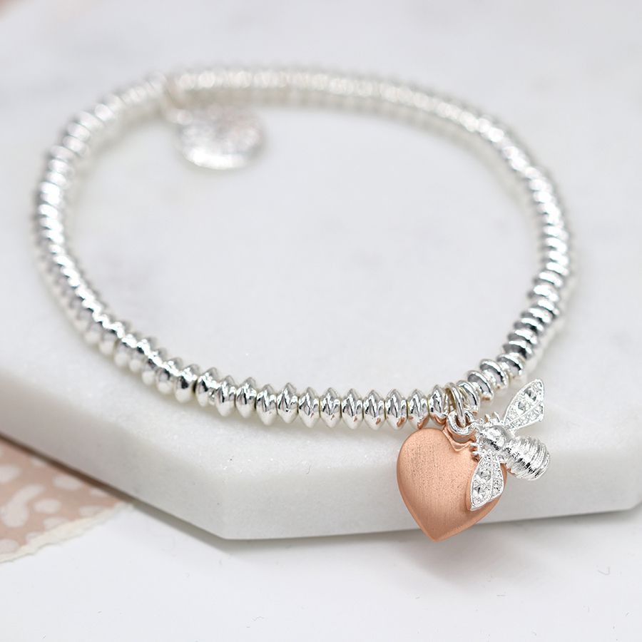 POM Bee Bracelet with Rose Gold Heart and Fine Beads