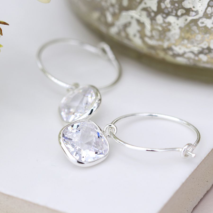 POM Silver Plated Hoop And Square Crystal Drop Earrings