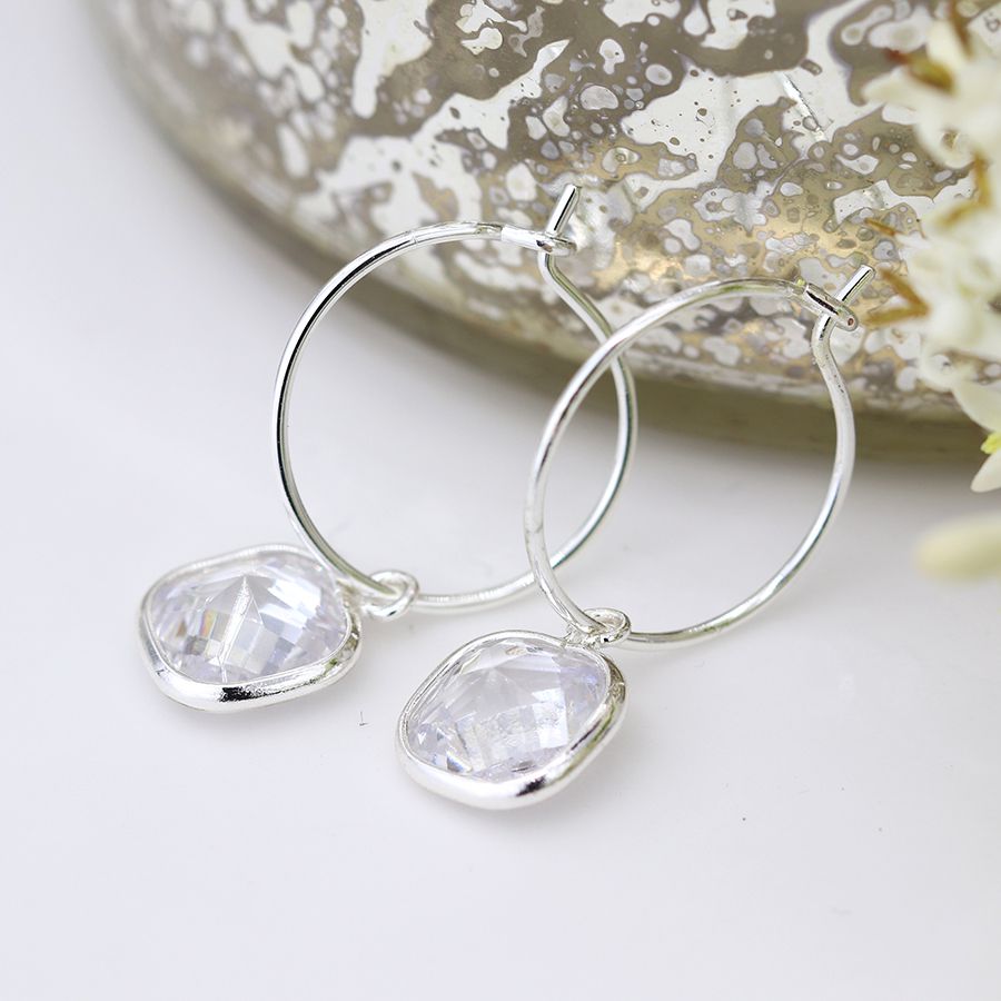 POM Silver Plated Hoop And Square Crystal Drop Earrings