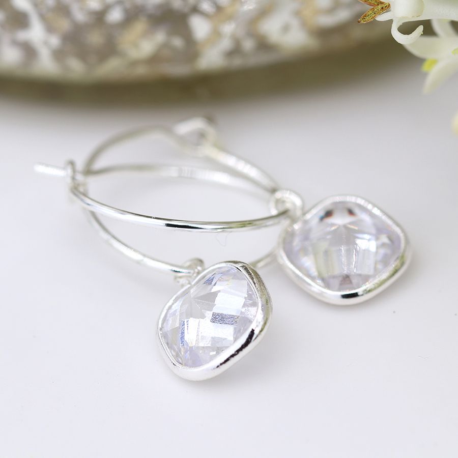 POM Silver Hoops With Square Cz Crystal Drops