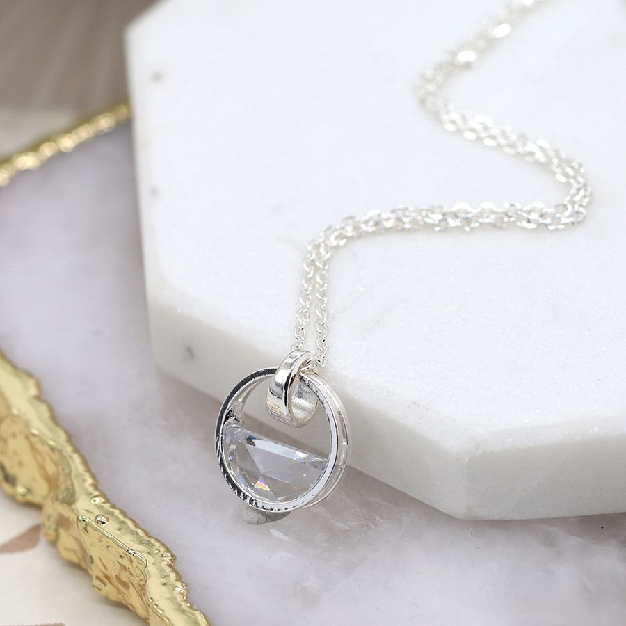 POM Silver Plated Circle Frame and Half Moon Crystal Necklace