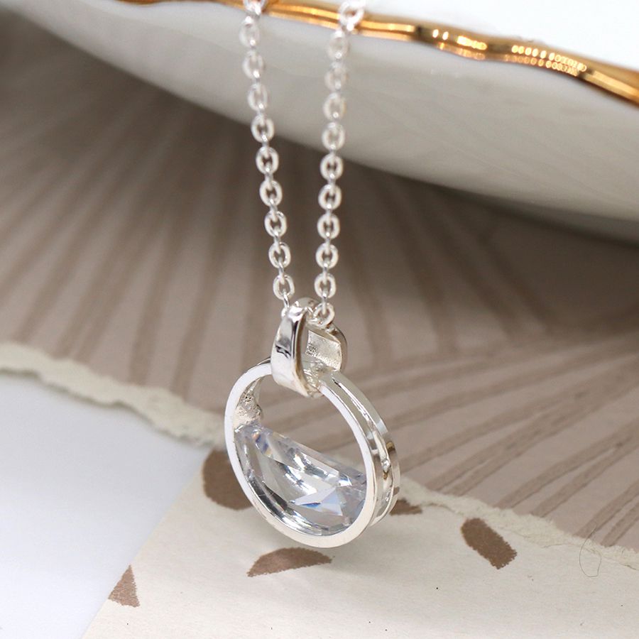 POM Silver Plated Circle Frame and Half Moon Crystal Necklace