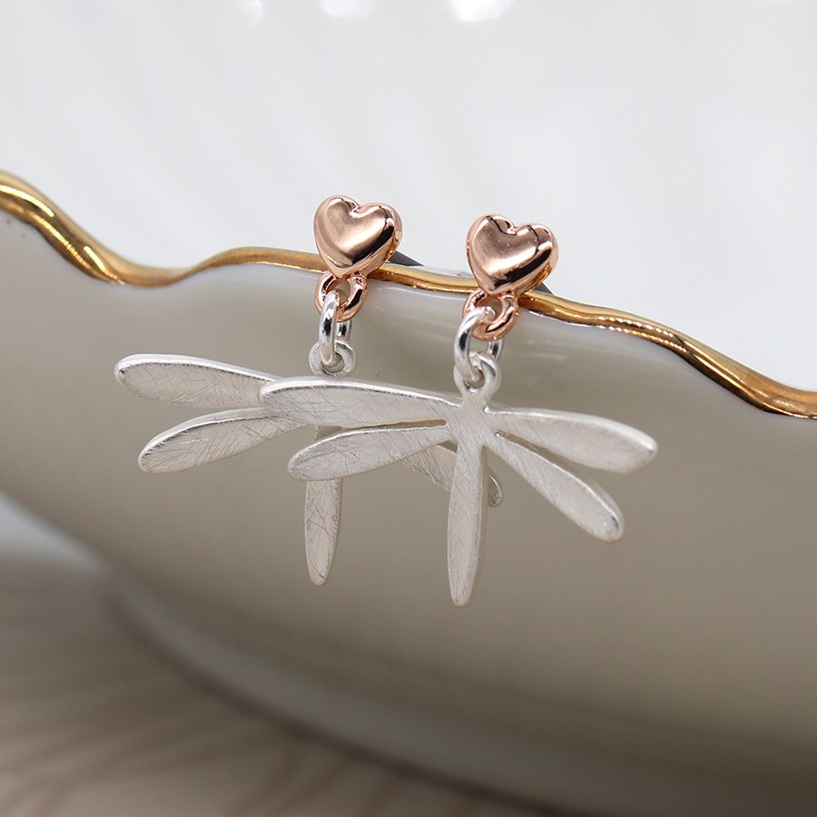 POM Rose Gold Hearts With Matt Scratched Silver Dragonfly Drop Earrings